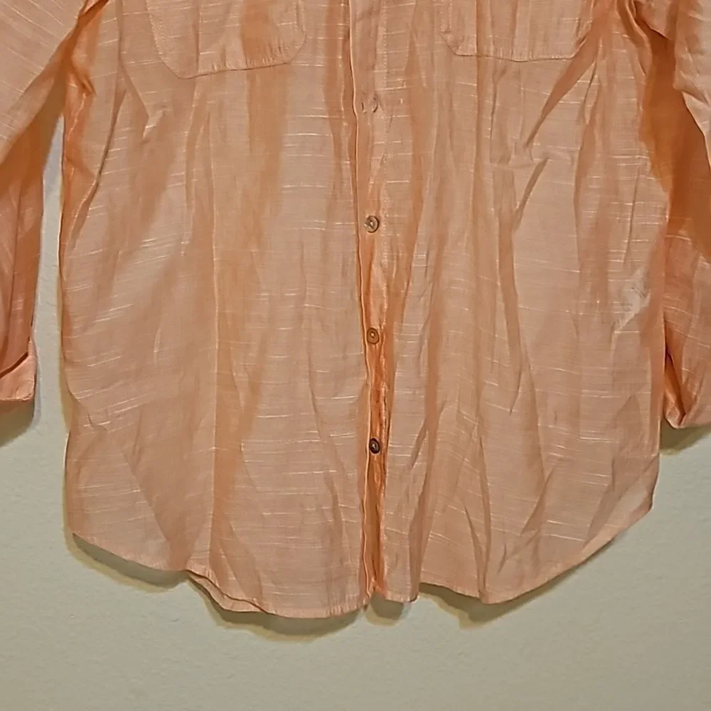 Chicos Womens Orange Blouse Sz 1 Large Roll Tab Sleeve Top Coastal Shirt